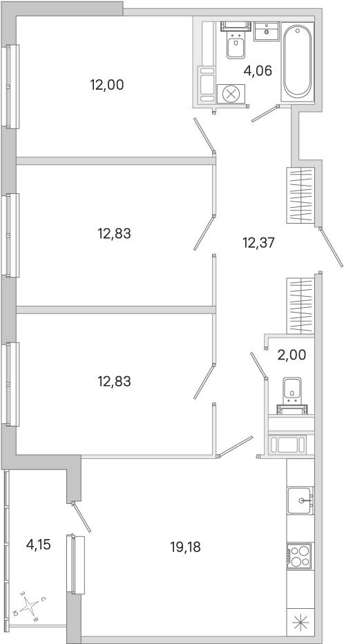 3-комнатная квартира 77.35 м2, 4-й этаж