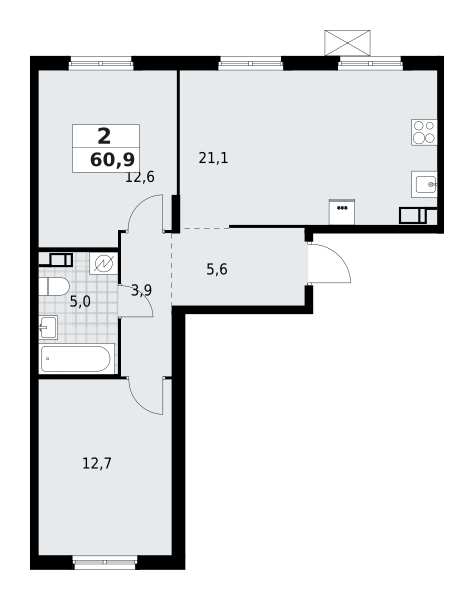 2-комнатная квартира 60.92 м2, 9-й этаж