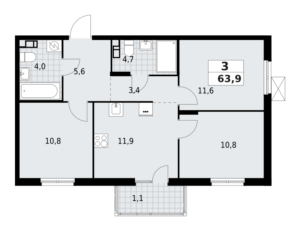 3-комнатная квартира 63.88 м2, 8-й этаж