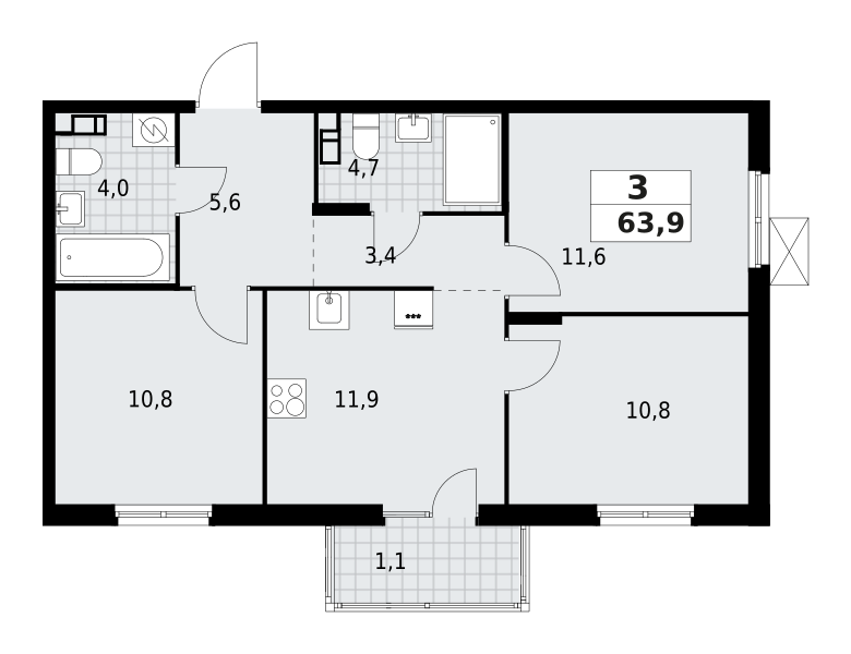 3-комнатная квартира 63.88 м2, 8-й этаж
