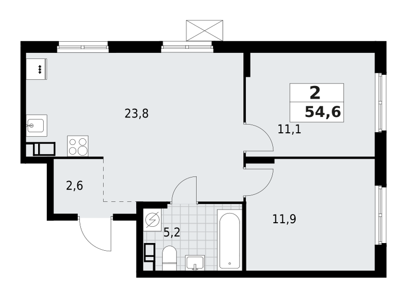 2-комнатная квартира 54.56 м2, 8-й этаж