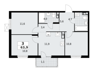 3-комнатная квартира 63.88 м2, 9-й этаж