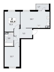 2-комнатная квартира 60.88 м2, 8-й этаж