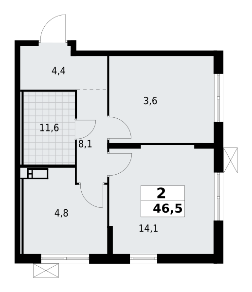 2-комнатная квартира 46.45 м2, 8-й этаж