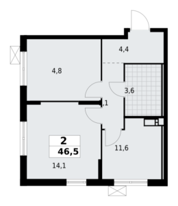2-комнатная квартира 46.45 м2, 12-й этаж
