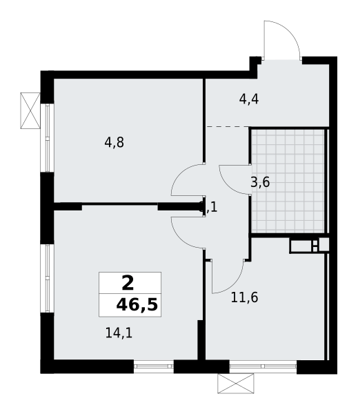 2-комнатная квартира 46.45 м2, 12-й этаж
