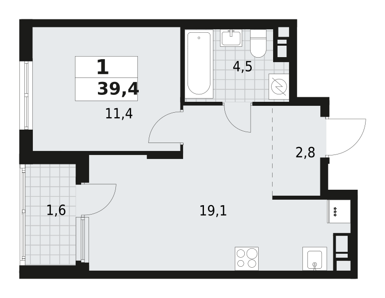 1-комнатная квартира 39.4 м2, 8-й этаж