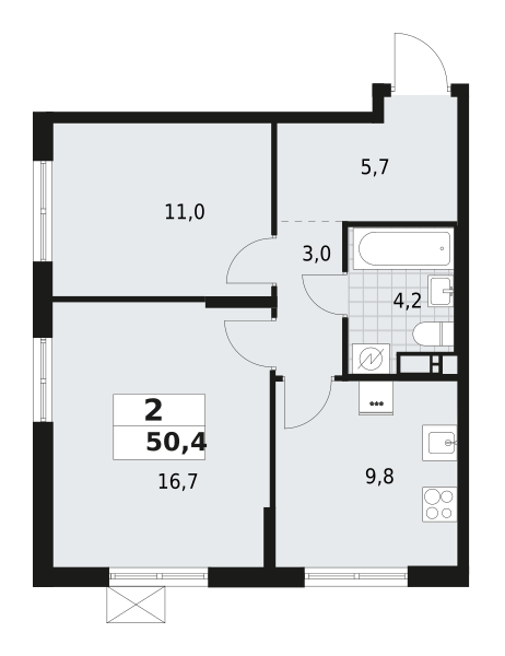 2-комнатная квартира 50.4 м2, 6-й этаж