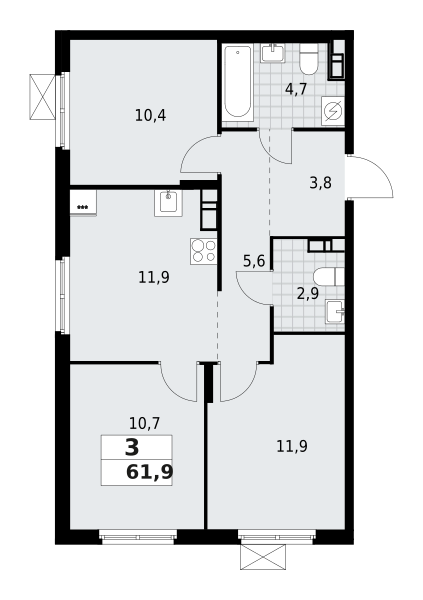 3-комнатная квартира 61.9 м2, 9-й этаж