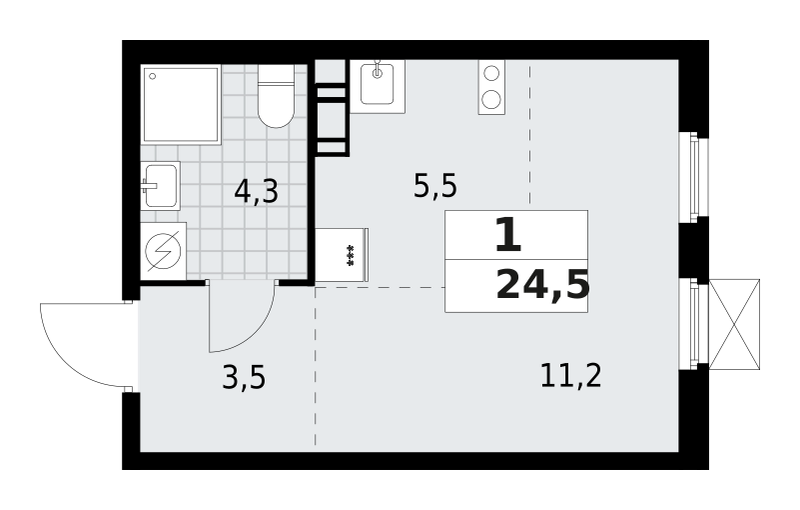 1-комнатная квартира 24.5 м2, 7-й этаж