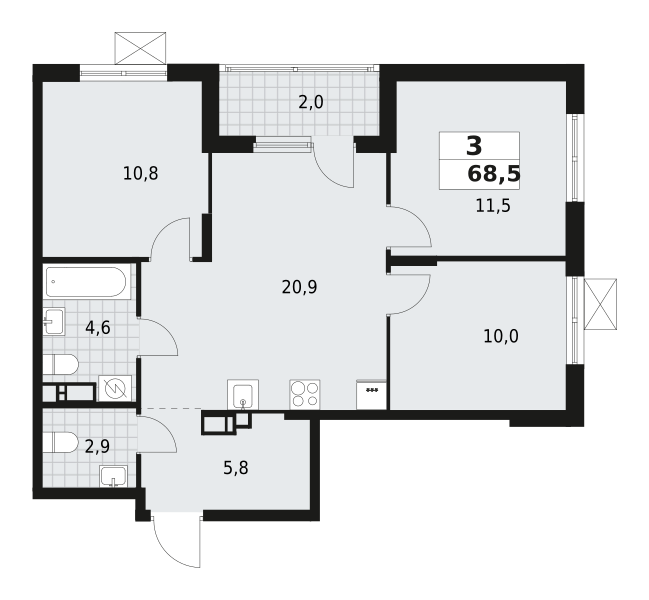3-комнатная квартира 68.5 м2, 11-й этаж