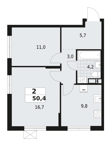 2-комнатная квартира 50.4 м2, 3-й этаж