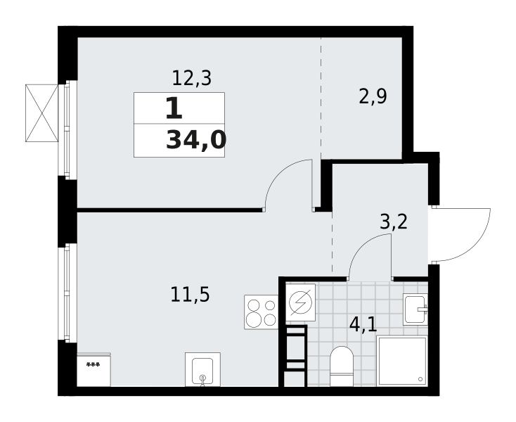 1-комнатная квартира 34 м2, 8-й этаж
