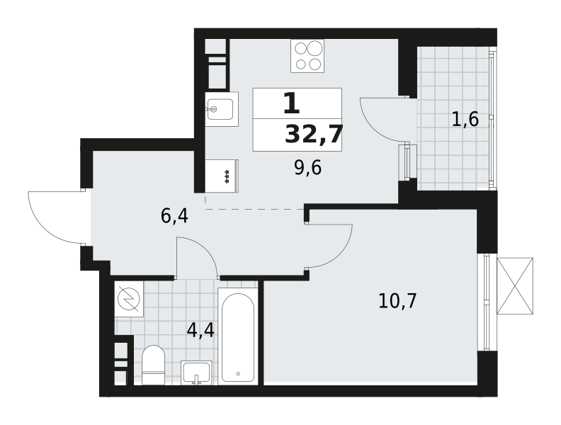 1-комнатная квартира 32.7 м2, 10-й этаж