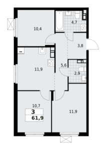 3-комнатная квартира 61.9 м2, 3-й этаж