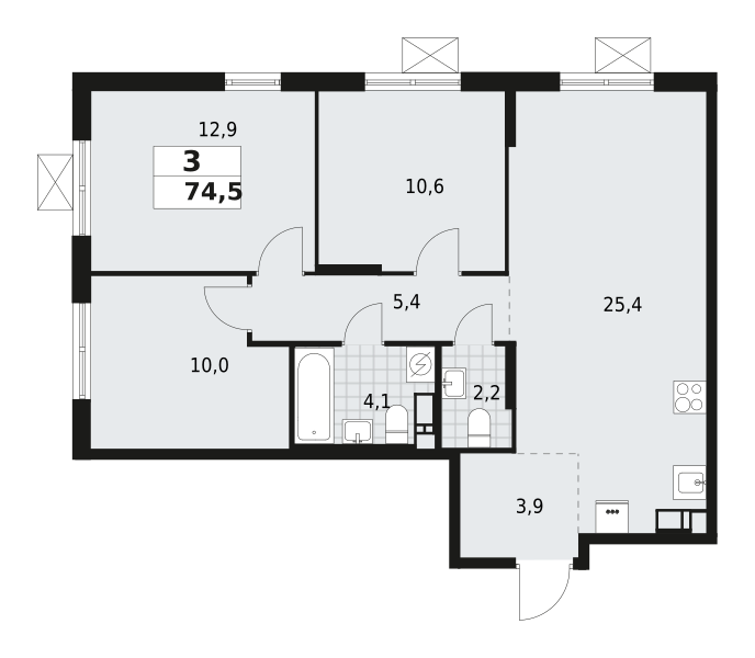 3-комнатная квартира 74.5 м2, 4-й этаж