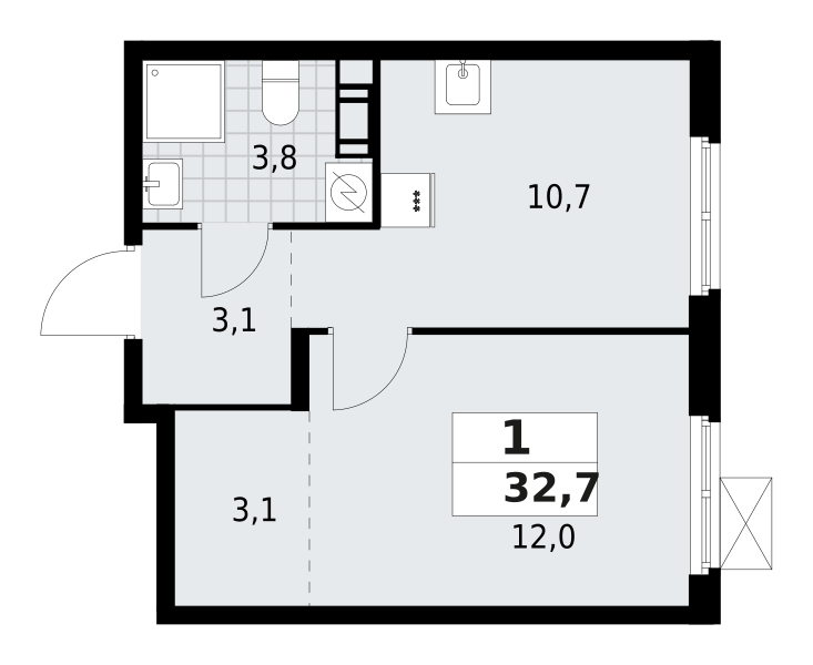 1-комнатная квартира 32.7 м2, 9-й этаж