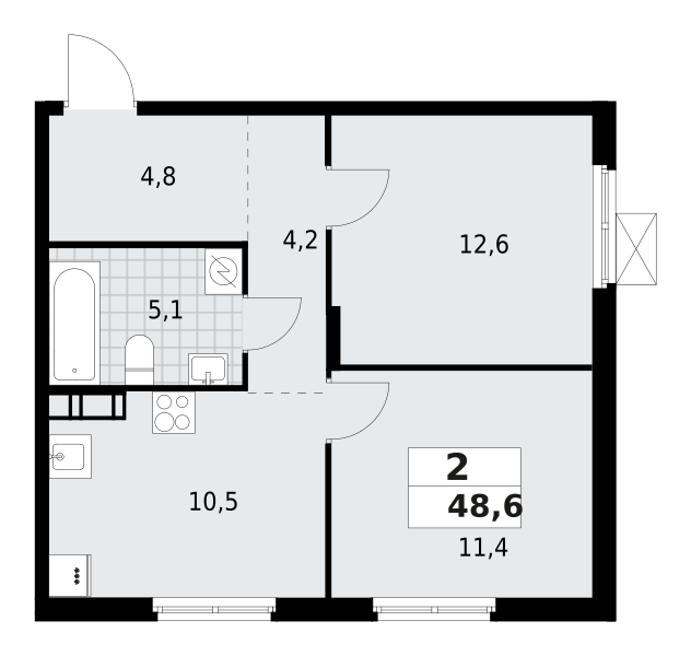 2-комнатная квартира 48.6 м2, 4-й этаж