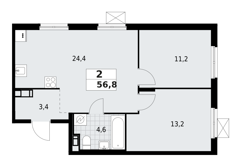 2-комнатная квартира 56.8 м2, 7-й этаж