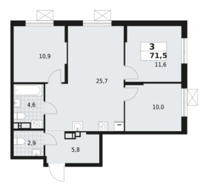 3-комнатная квартира 71.5 м2, 5-й этаж