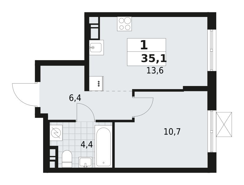 1-комнатная квартира 35.1 м2, 6-й этаж
