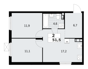 2-комнатная квартира 51.5 м2, 8-й этаж