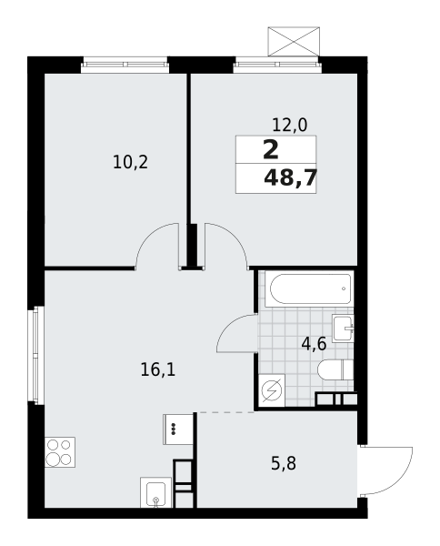 2-комнатная квартира 48.7 м2, 9-й этаж