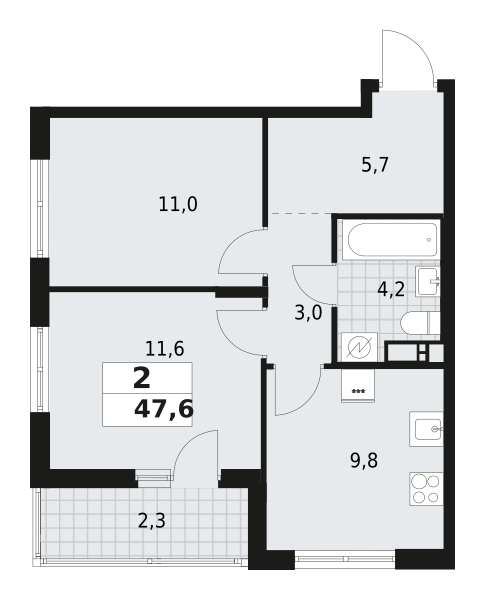 2-комнатная квартира 47.6 м2, 7-й этаж