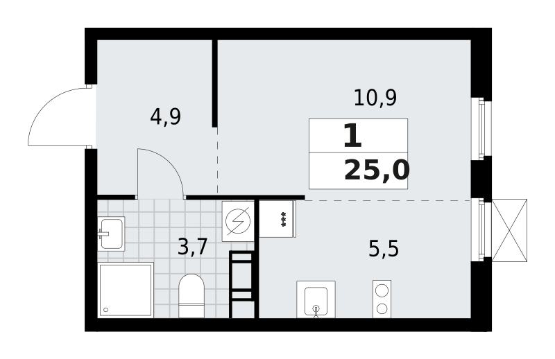 1-комнатная квартира 25 м2, 8-й этаж