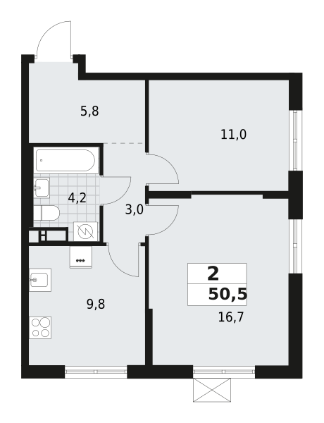 2-комнатная квартира 50.5 м2, 5-й этаж