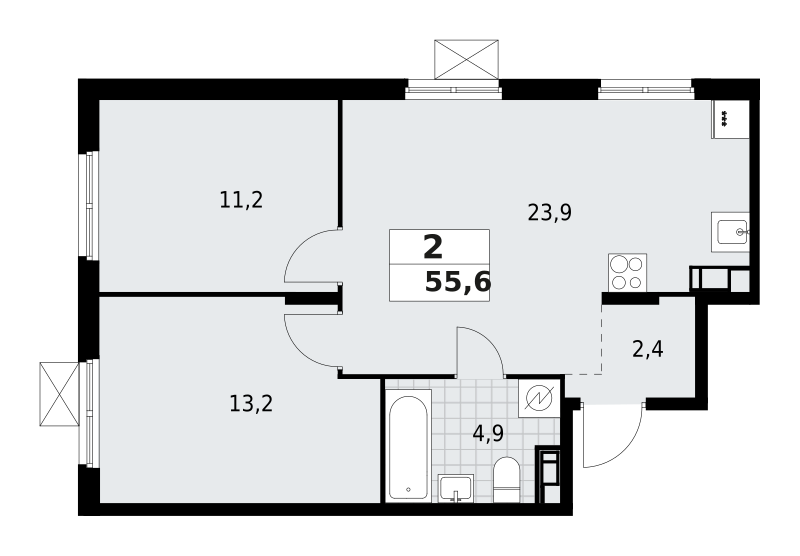 2-комнатная квартира 55.6 м2, 3-й этаж