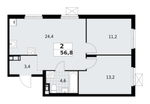 2-комнатная квартира 56.8 м2, 6-й этаж