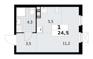 1-комнатная квартира 24.5 м2, 3-й этаж