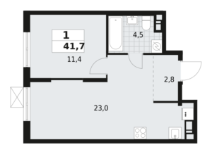 1-комнатная квартира 41.7 м2, 3-й этаж