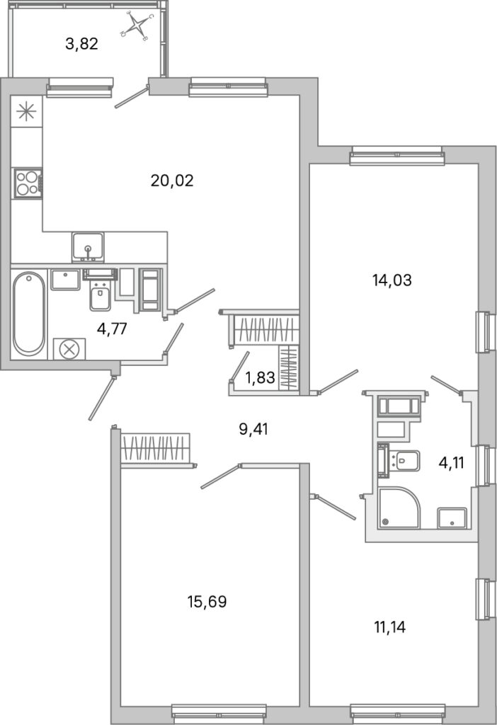 3-комнатная квартира 82.91 м2, 3-й этаж