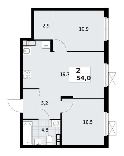 2-комнатная квартира 54 м2, 8-й этаж