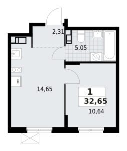 1-комнатная квартира 32.65 м2, 6-й этаж