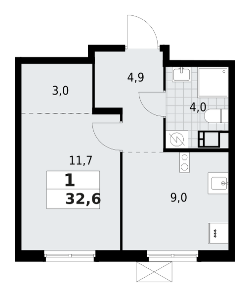1-комнатная квартира 32.65 м2, 9-й этаж