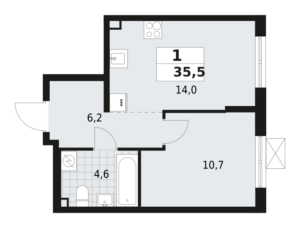 1-комнатная квартира 35.5 м2, 2-й этаж