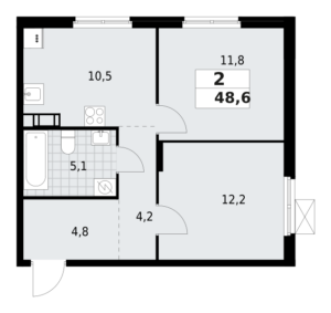 2-комнатная квартира 48.6 м2, 3-й этаж