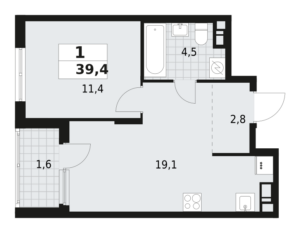 1-комнатная квартира 39.4 м2, 12-й этаж