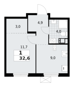 1-комнатная квартира 32.65 м2, 6-й этаж