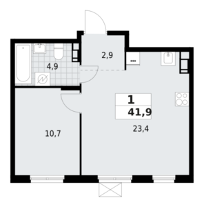 1-комнатная квартира 41.9 м2, 4-й этаж