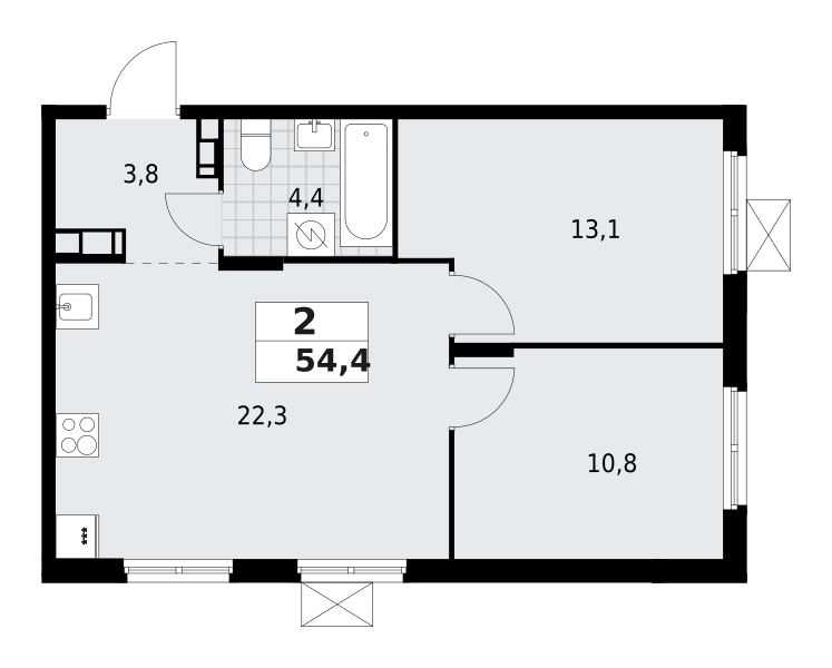 2-комнатная квартира 54.4 м2, 3-й этаж