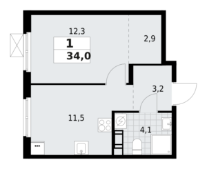 1-комнатная квартира 34 м2, 5-й этаж