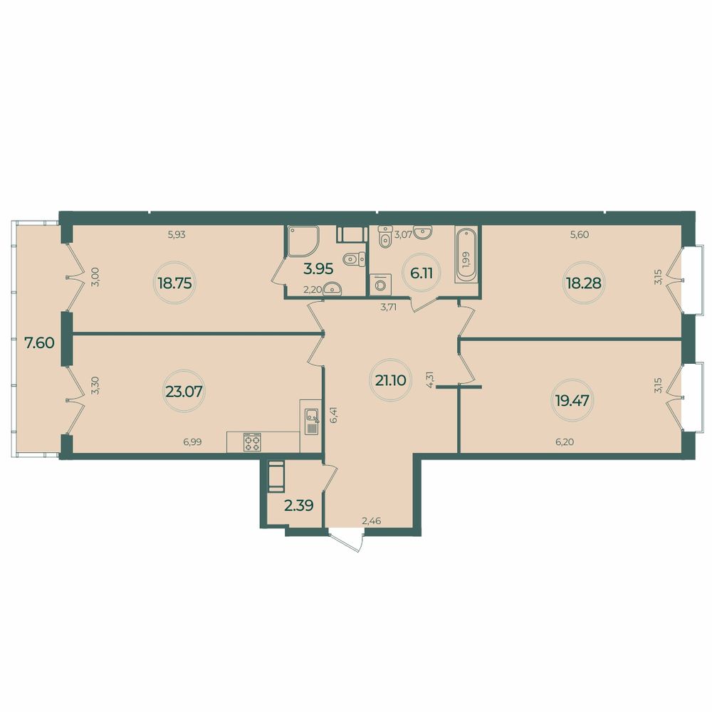 3-комнатная квартира 115.4 м2, 6-й этаж