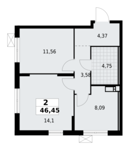 2-комнатная квартира 46.45 м2, 6-й этаж