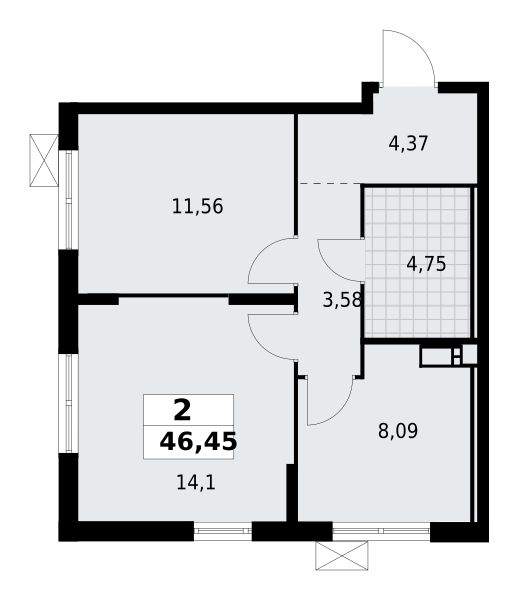 2-комнатная квартира 46.45 м2, 6-й этаж