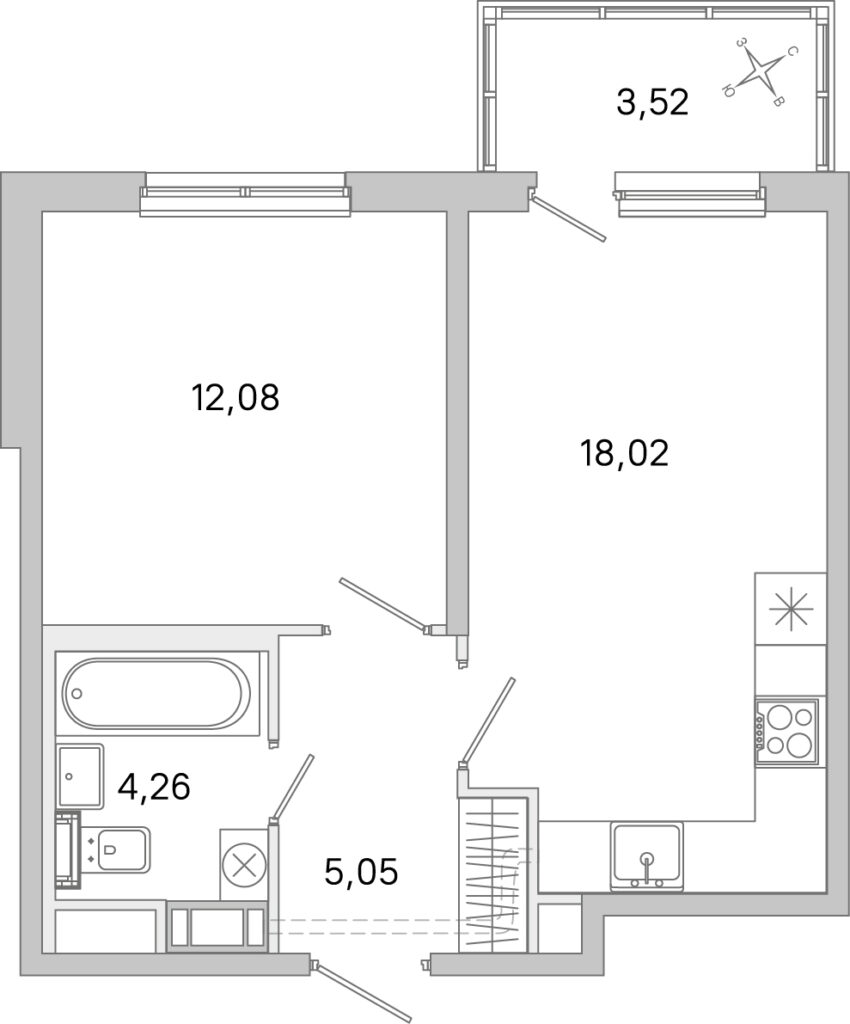 1-комнатная квартира 40.47 м2, 4-й этаж