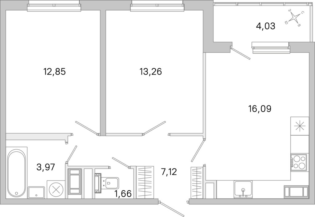 2-комнатная квартира 56.97 м2, 4-й этаж